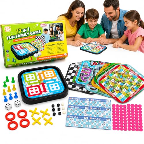 Image of Wishkey 12 in 1 Family Board Games for Kids 5+ Years Travel Board Game Set with Ludo, Snakes & Ladders, Chess, Tic Tac Toe, Housie & 7 More Games Educational Indoor Games for Boys, Girls & Family