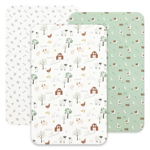 Image of david's kids 3 Pack Mini Crib Sheets, Soft Breathable Premium Pack N Play Sheets for Baby Boys Girls Neutral, Playard and Mini Crib Mattresses, Farm
