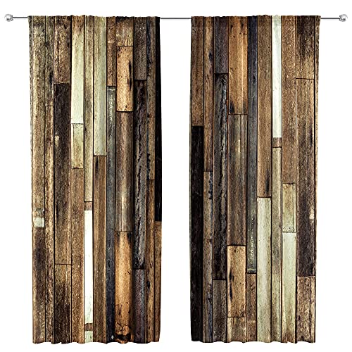 Riyidecor Rustic Wooden Barn Door Curtains Rod Pocket Wood Plank Brown Barnwood Western Country Style Lodge Farmhouse Printed Living Room Bedroom Window Drapes Treatment Fabric (2 Panels 52 X 84 Inch) #TOP1