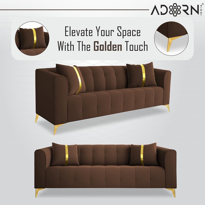 Image of Adorn India Premium Mystic - 3 Years Warranty - 3+2 Sofa Set Velvet Suede Fabric - Brown