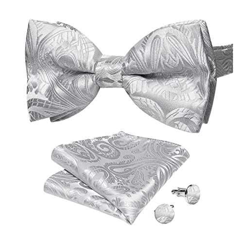 Image of DiBanGu Paisley Pre-Tied Bow Ties for Men Silk Adjustable Bowtie and Pocket Square Cufflinks for Wedding Party