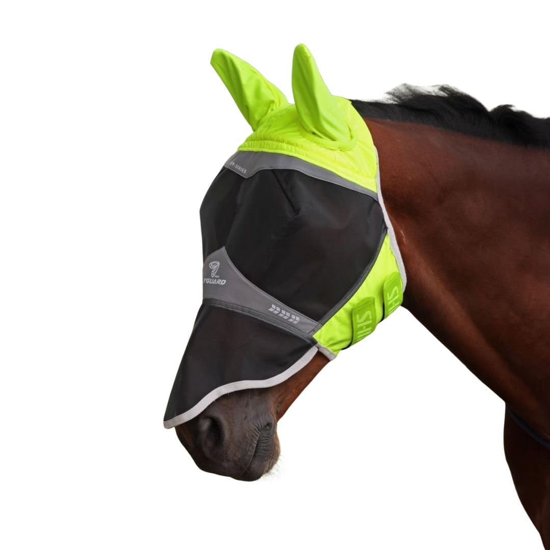 Shires FlyGuard Pro Hi-Viz Fine Mesh Fly Mask with Ears & Nose – Pony Size | High Visibility Lightweight Breathable Mesh Protection | Secure Fit for Turnout & Grazing | Yellow