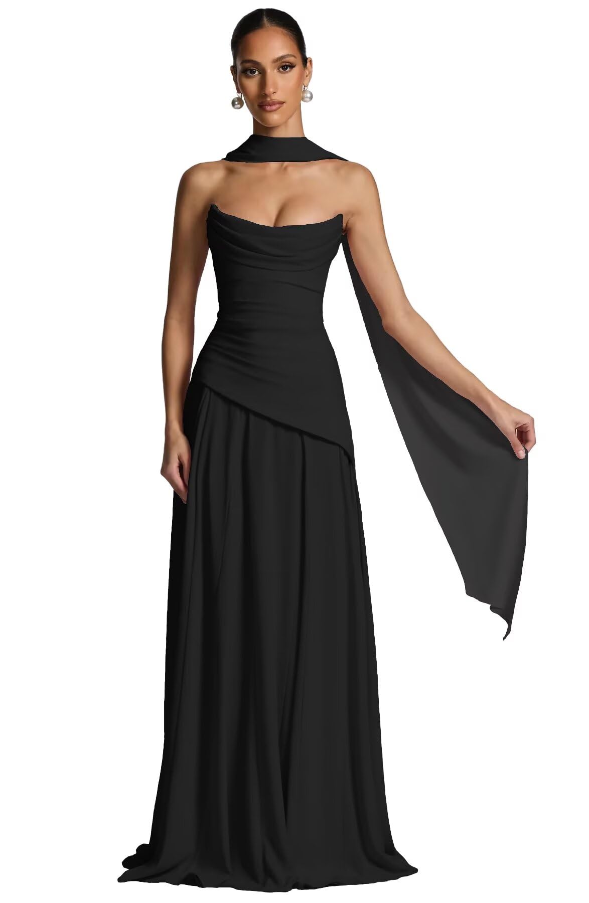 Strapless Cowl Neck Chiffon Bridesmaid Dresses for Women Corset Long Prom Dresses 2026 Ruched Maxi Dress with Scarf