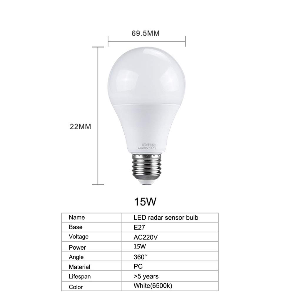 fengyan Casa Bombillas, Paquete de 10, lámpara LED con Sensor de Radar Inteligente AC220V E27 10W/15W/20W Didoe Spotlight Bombilla de Apagado/Encendido automático Familiar Lámpara(15W Cool White)