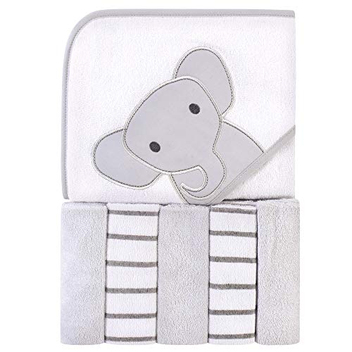 Hudson Baby Unisex Baby Hooded Towel & Five Washcloths, Modern Elephant, One Size
