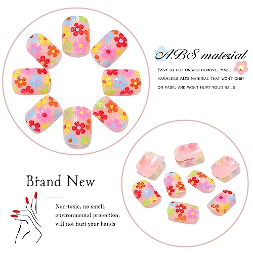 Vatocu Square False Nails Short Rainbow Flowers Press on Nails Summer Fake Nails Acrylic Stick on Nails for Women and Girls (24pcs) - Image 3