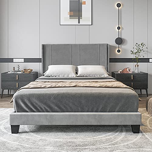 Yitahome Upholstered Wingback Platform Bed With Headboard, Bed Frame With Wood Slat, No Box Spring Needed, Mattress Foundation (Queen), Grey #TOP5