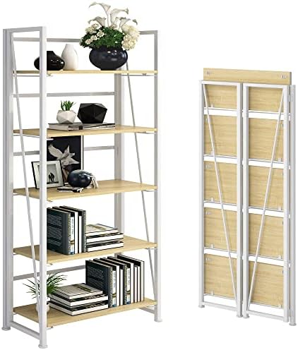 GHQME No-Assembly Folding Bookshelf Storage Shelves 5 Tiers Vintage Multifunctional Plant Flower Stand Storage Rack Shelves Bookcase for Home Office(White)