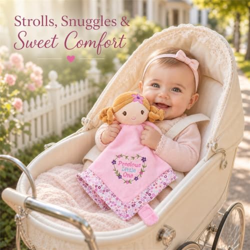 Image of June Garden Lily Baby Lovey Blanket for Girls, 15 x 15 in Soft Security Blanket with Toy Attachment Strap
