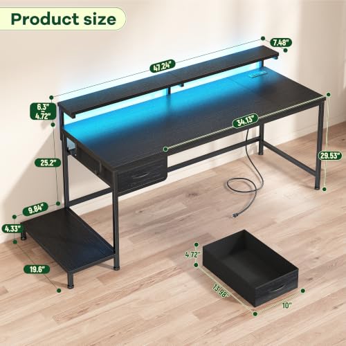 Image of DurayLoly 47.2 inch Gaming Desk with Power Outlet and LED Lights,Bedroom,Black
