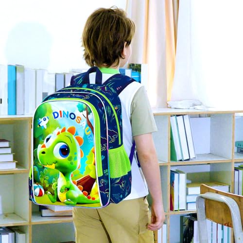 Image of 16 inch Dinosaur Backpack for Boys, Kids Bookbag with Lunch Box, 3Pcs Dino School Backpacks for Elementary Preschool Kindergarten (Green)
