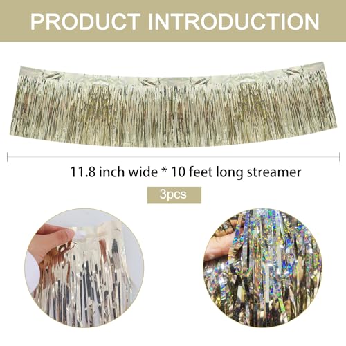 Image of BEISHIDA 3 Packs Metallic Foil Fringe Garland Laser Champagne Wall Hanging Tinsel Fringe Banners for Car Floats Birthday Baby Bridal Shower Wedding Graduation Holiday Party Decoration(30 Feet)