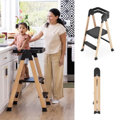 Guidecraft Kitchen Helper Flex Step Stool for Toddlers and Adults - Black: Folding Adjustable Height Step Stool for Bathroom or Kitchen