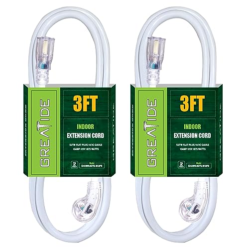 GREATIDE 3 Ft 14/3 Flat Plug Lighted Extension Cord, Heavy Duty 14 AWG 3 Prong Grounded White Low Profile Extension Cable for Indoor, 2 Pack, UL Listed