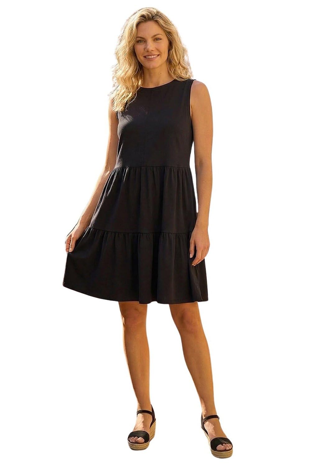 Roman Women's Black Cotton Tiered Stretch Dress In | : Size 18