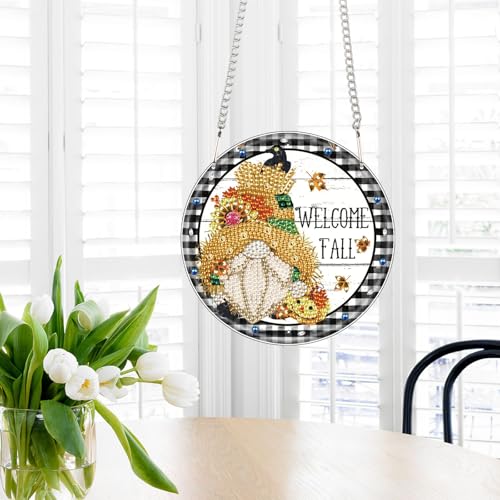 Image of AiYuanzsh Welcome Fall Diamond Painting Hanging Kit, DIY Gnome Crystal Acrylic Pendant Ornament, 5D Diamond Art Hanging for Adults, Autumn Thanksgiving Wall, Window, Door Decoration