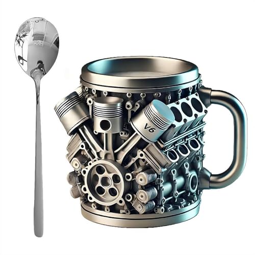 Taza de café con motores V6, taza de café personalizada con asas, taza de café con forma de motor V6/V8 con cuchara, regalo para entusiastas de los automóviles y fanáticos de las carreras