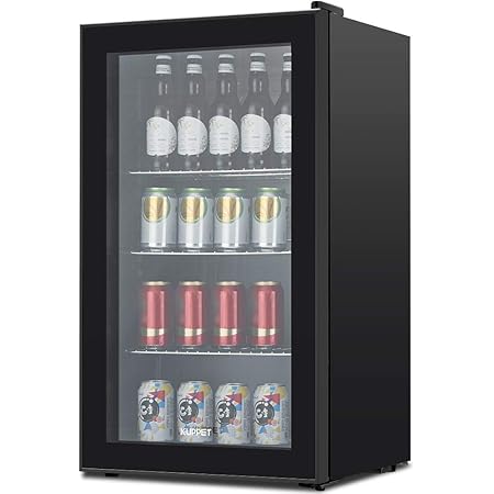 KUPPET 120 Can Beverage Refrigerator and Cooler - Mini Fridge with Glass Door and Adjustable Removable Shelves for Can Drinks, Soda Beer or Wine, 3.1 Cu.Ft Small Drink Dispenser for Home, Office Bar (Black)