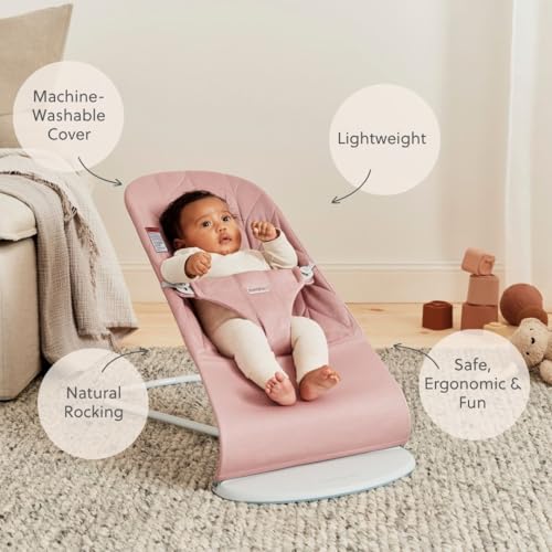 Image of BabyBjorn Bouncer Bliss, Dusty Pink, Woven, Petal Quilt | 2-in-1 Adjustable Baby Bouncer Seat and Toddler Chair, Newborn to Toddler (8-29 lbs), 4 Positions, Lightweight & Portable