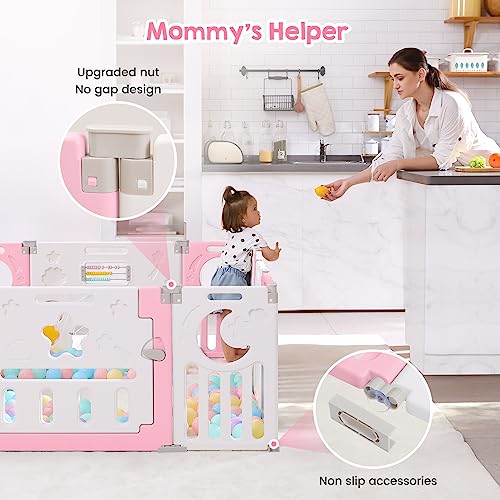 Baby Playpen, Dripex Baby Playard for Babies and Toddlers, 14-Panel Foldable Playpen Adjustable Portable Play Area, Indoor/Outdoor Kids Active Center with Game Panel & Safety Gate, Pink White