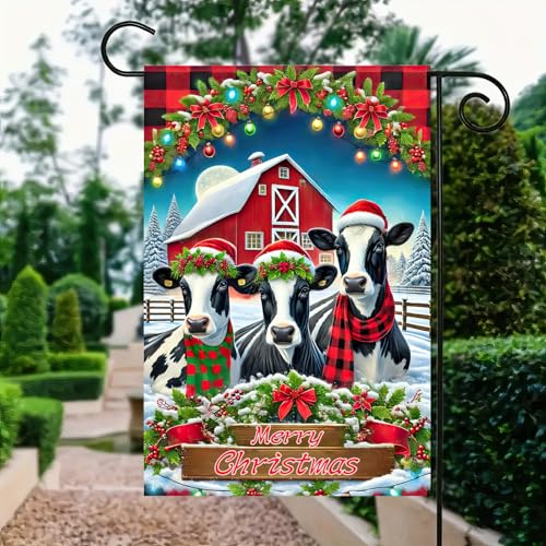 Image of BlissYard Christmas Garden Flag 12x18 Inch Farm Cows Barn Yard Decor