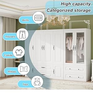 Modern 6 Door Armoire Wardrobe Closet with 4 Drawers Wardrobe Closet Spacious Storage Cabinet with 3 Hanging Rods & Shelves Tall Wardrobe Closet for Bedroom White Modern 6 Door Armoire Wardrobe Closet with 4 Drawers Wardrobe Closet Spacious Storage Cabinet with 3 Hanging Rods Shelves Tall Wardrobe Closet for Bedroom White