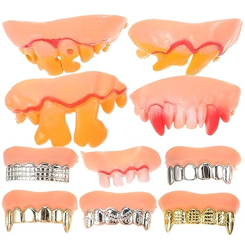 Didiseaon Halloween Teeth Prop Funny Fake False Teeth Vampire Denture Teeth Ghost Zombie Costume Gag Ugly Golden Silver Teeth Halloween Party Favor