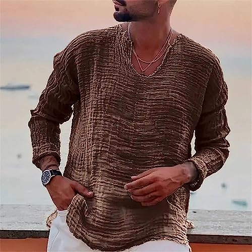 Men's Vintage Linen Raw Edge Plain Long Sleeve Shirts Casual Crewneck Beach Hippie Yoga Shirts2