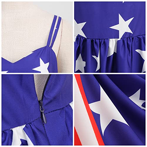 Image of OBEEII Womens 4th of July Dress Retro Spaghetti Strap American Flag Midi Dress Summer Cocktail A-line Swing Dress