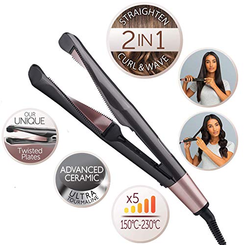 Hair straightener & Curler 2 in 1, Tourmaline Ceramic Twisted Straightening Flat Iron with Adjustable Temperature, LCD Display & Auto Shut-Off