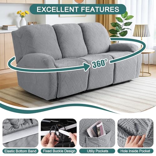 Image of Ruaozz Recliner Sofa Covers Recliner Chair Covers Couch Covers for Reclining Couches with Pockets Washable Furniture Protector with Elastic Bottom (3 Seater, Light Grey)