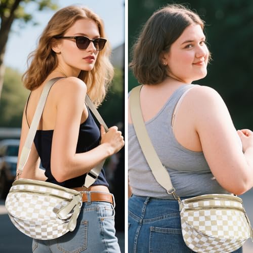 Checkered Crossbody Bags for Women, Large Nylon Bum Bags Plus Size Fanny Pack Sling Bag Belt Bag for Women Travel, Beige Checkered2