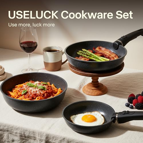 Image of 19 Pcs Pots and Pans Set Non Stick, Stackable Cookware Sets with Detachable Handle, Granite Induction RV Kitchen Portable Cooking Set Removable Handles, Dishwasher ＆ Oven Safe, Black