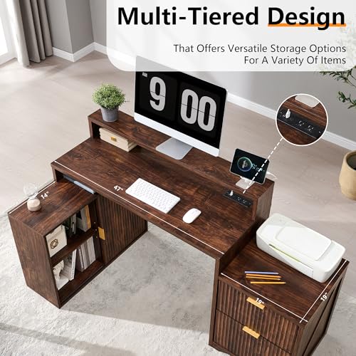 Image of 67 inch Modern Desk with Storage Cabinet & 2 Drawers, Built‑in Outlet | L Shaped Desk with Storage, Wood Home Office Desk, storage cabinet with sliding doors, Dark Walnut