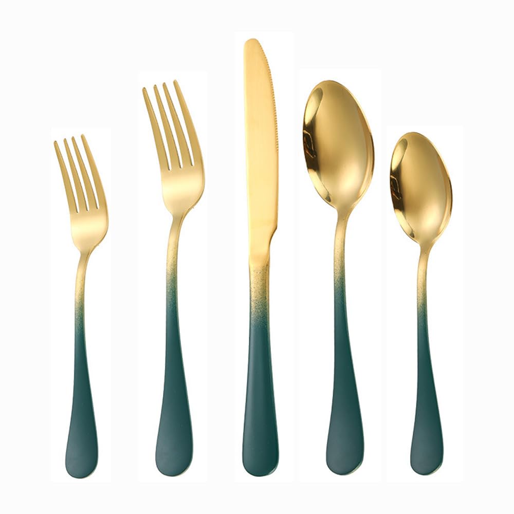 Thickened Gradient Color Handle Kitchen Stainless Steel Silverware Tableware Flatware Cutlery Set Steak Knife Fork Spoon Teaspoon (Gradient green gold,5 pieces)