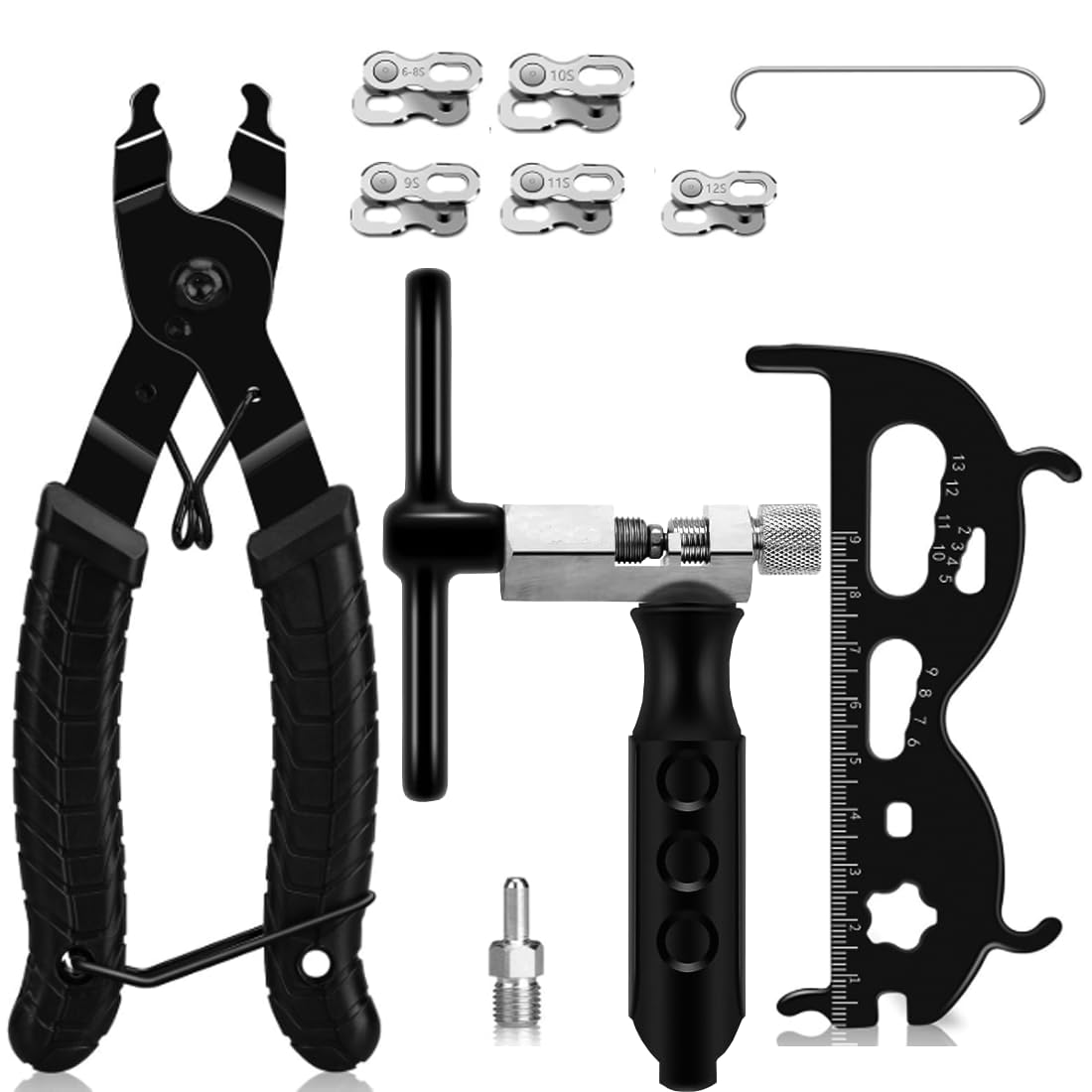 Bike Chain Removal Tool Set with Bicycle Chain Breaker, Pliers, Multifunctional Chain Wear Tool, 5 Pairs Link for 6/7/8/9/10/12 Speed Bike Repair Kit