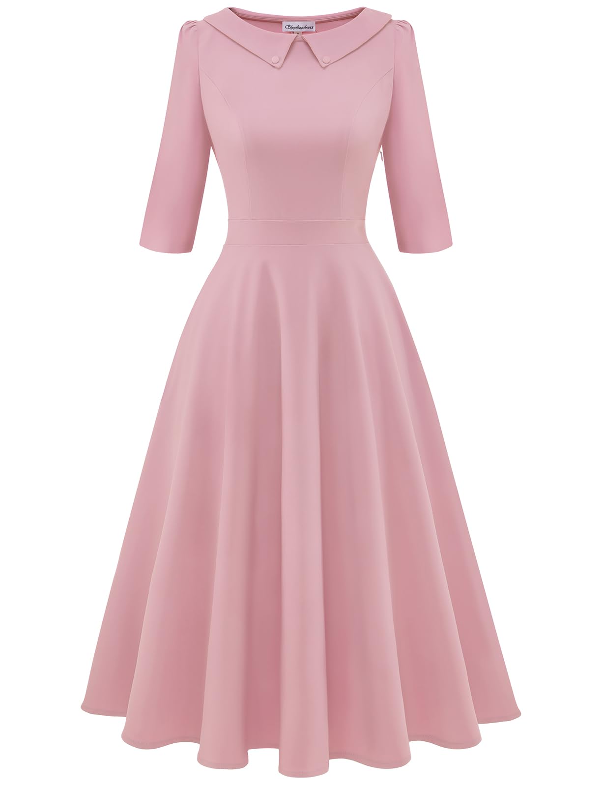 Bbonlinedress Abito da cocktail vintage da donna, formale, autunno, matrimonio, chiesa, a maniche lunghe, colletto alla Peter Pan, abito midi swing