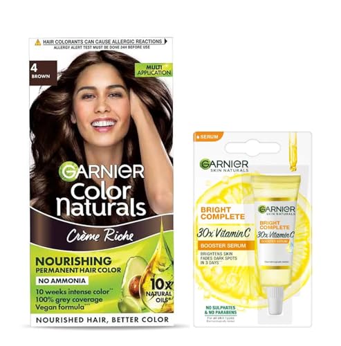 Garnier Color Naturals Creme Riche Hair Color – 4 Brown (70ml+60g) + Bright Complete Vitamin C serum 7ml (2 ITEM IN SET)