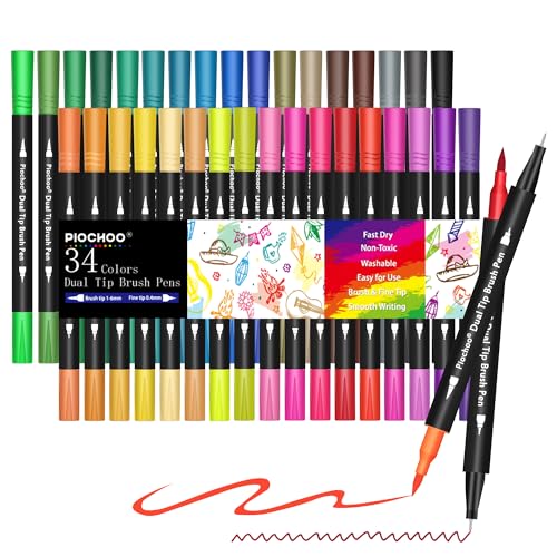Piochoo Coloring Markers Pens, 34 Dual Tip Brush Pens, Fine Point Marker set for Kids Adult Coloring Book, Bullet Journaling, Drawing
