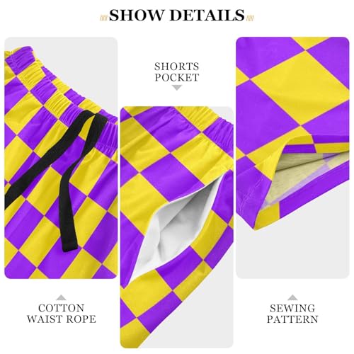 Men's Yellow and Purple Buffalo Checkered Pajama Shorts with Pocket and Drawstring S4