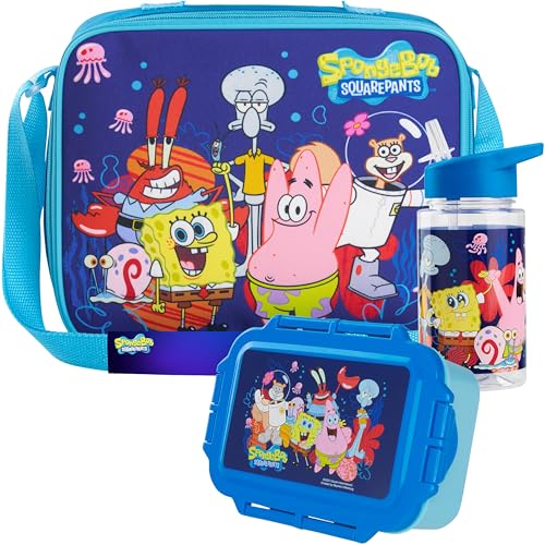 Get Trend SpongeBob Squarepants Water Bottle Lunch Box Lunch Bag Kids Set 3 Pcs Insulated Snack Bag for School Travel Gifts for Kids (Blue SpongeBob)