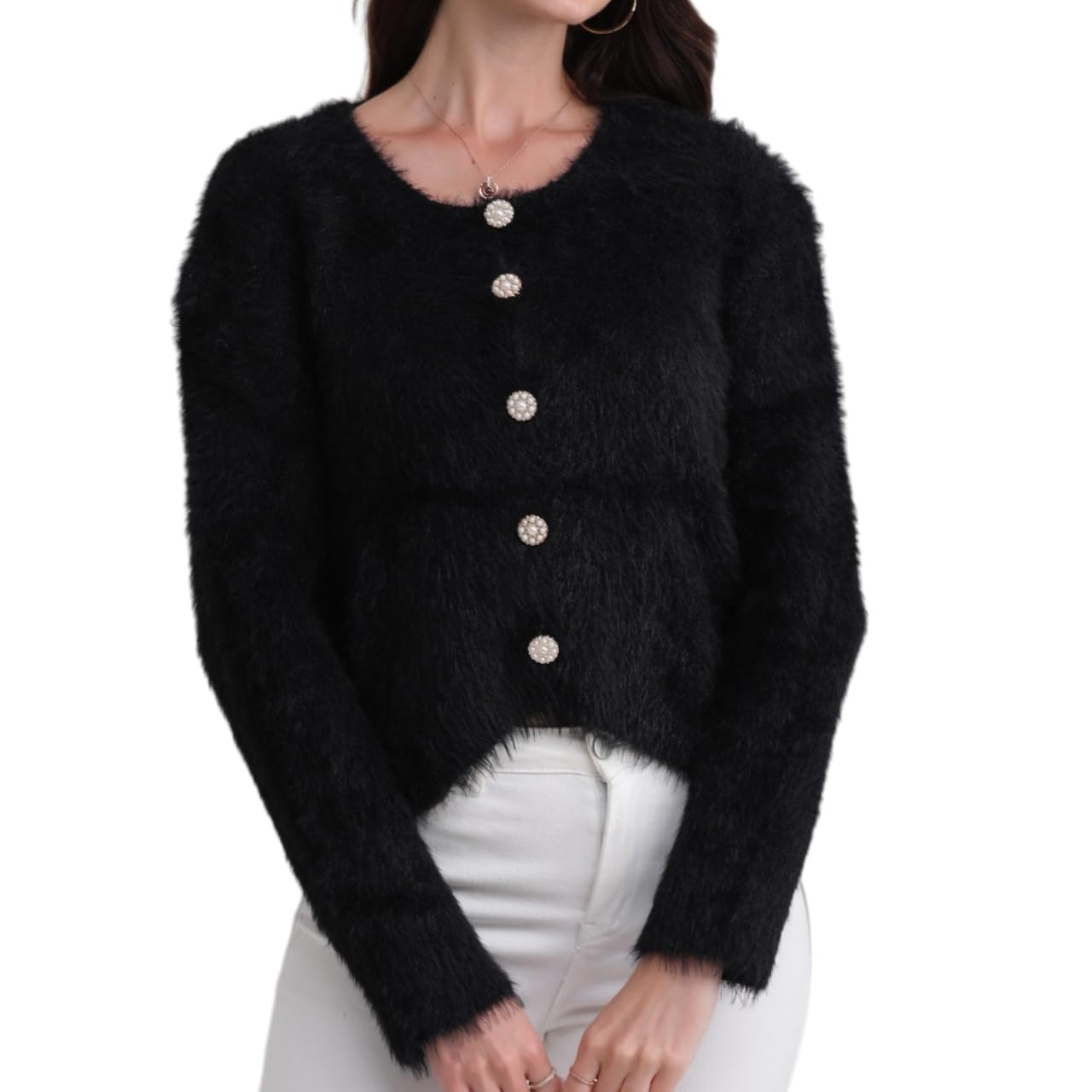 LIUYUYOUGO Womens Cardigans Fuzzy Knit Sweater Tops Open Front Button Cropped Cardigans Winter Soft Warm Fluffy Fleece Sweater Coats Fashion Shrug Jumpers Knitwear Tops Black S