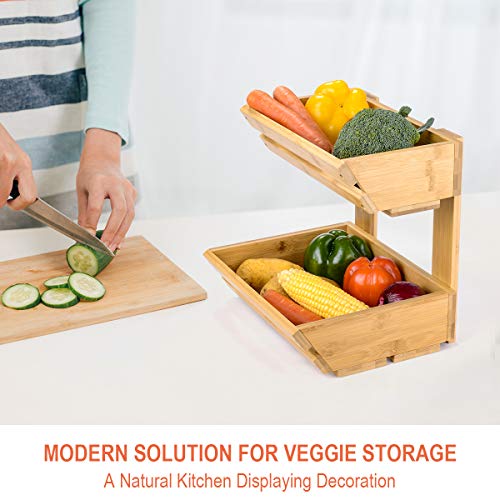 Ikkle Bamboo Fruit Basket for Kitchen, 2-Tier Fruit Basket Stand for Kitchen Counter with 2 Banana Hooks, Fruit Bowl Holder for Fruit and Vegetable Storage-Need Assemble - Image 3