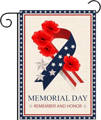 Memorial Day Garden Flag 12x18 Inch Double Sided Outside Remember and Honor Patriotic Flag for Stars and Stripes Ribbon Poppy for Veteran 4th of July Independence Day Yard Outdoor Decoration