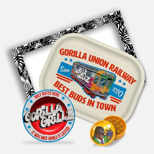Gorilla Grillz® Kit Fumador - Bandeja para Liar Completa con Cenicero y Grinder Biodegradable - Para Persona Fumadora - Pack Fumador con Varios Accesorios (Train)