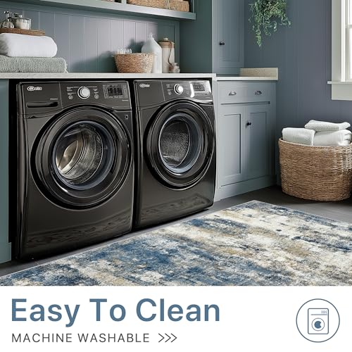 Area Rugs 6x9 for Living Room Bedroom, Modern Abstract Machine Washable Rug, Large Soft Low Pile Floor Carpet with Non Slip Backing for Dining Room, Navy Blue Beige