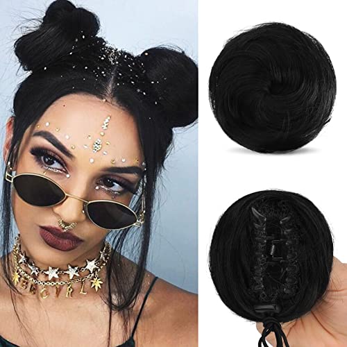 Sofeiyan 2PCS Mini Claw Clip in Hair Bun Messy Cat Ears Hair Bun Extension Synthetic Donut Wig Accessory Updo Space Bun Hair Pieces for Women Girls Off Black