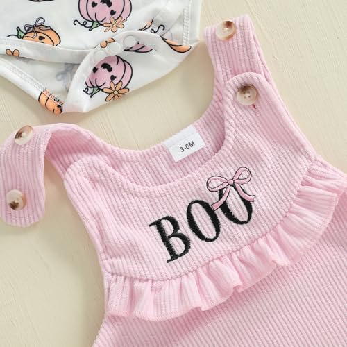 Kupretty Newborn Baby Girl Halloween Outfit Pumpkin Long Sleeve Romper Corduroy Suspender Skirt Headband Overall Dress Set4