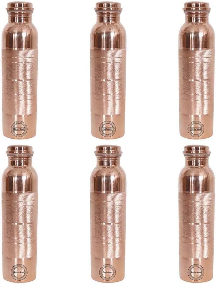 Pure Copper Water Bottle Silver Touch 25,36 oz Leak Proof Design Vessel Ayurveda Health Pitcher for Fitness Sports Yoga 750 ml Set of 6