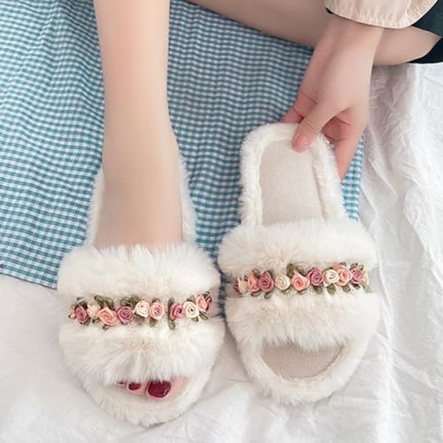 Floral Plush Slippers For Women Comfortable Fur Slides Flat Indoor Slip-On Fluffy Sandals Home Slipper3